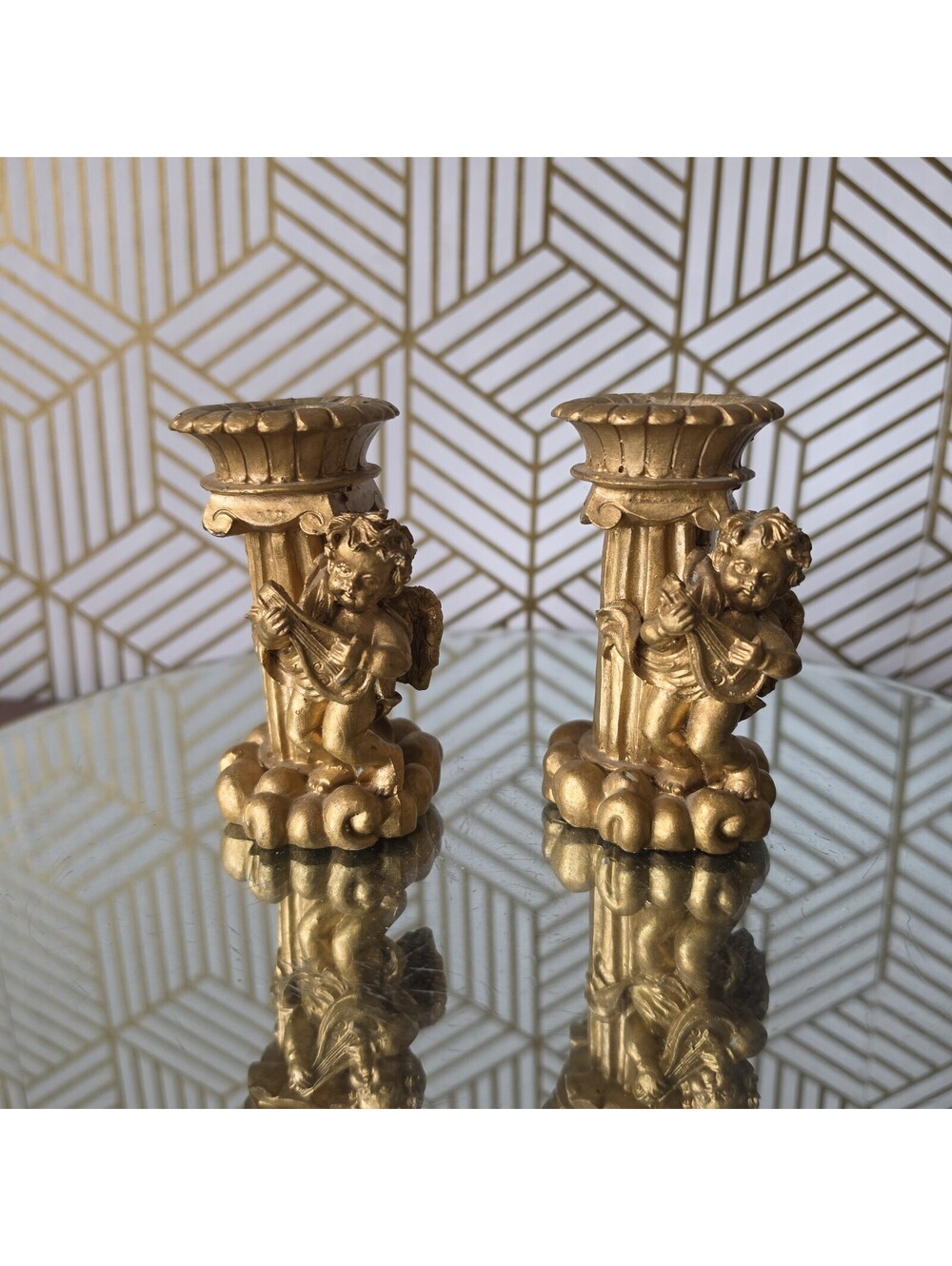 Vintage Gold Cherub Candlesticks Angel Candle Holders Hollywood Regency MCM